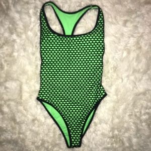 Neon green fishnet one piece bathing suit